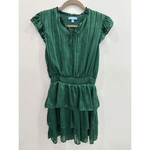 Draper James Green Striped Ruffle Dress Small Smocked Waist Tiered Metallic